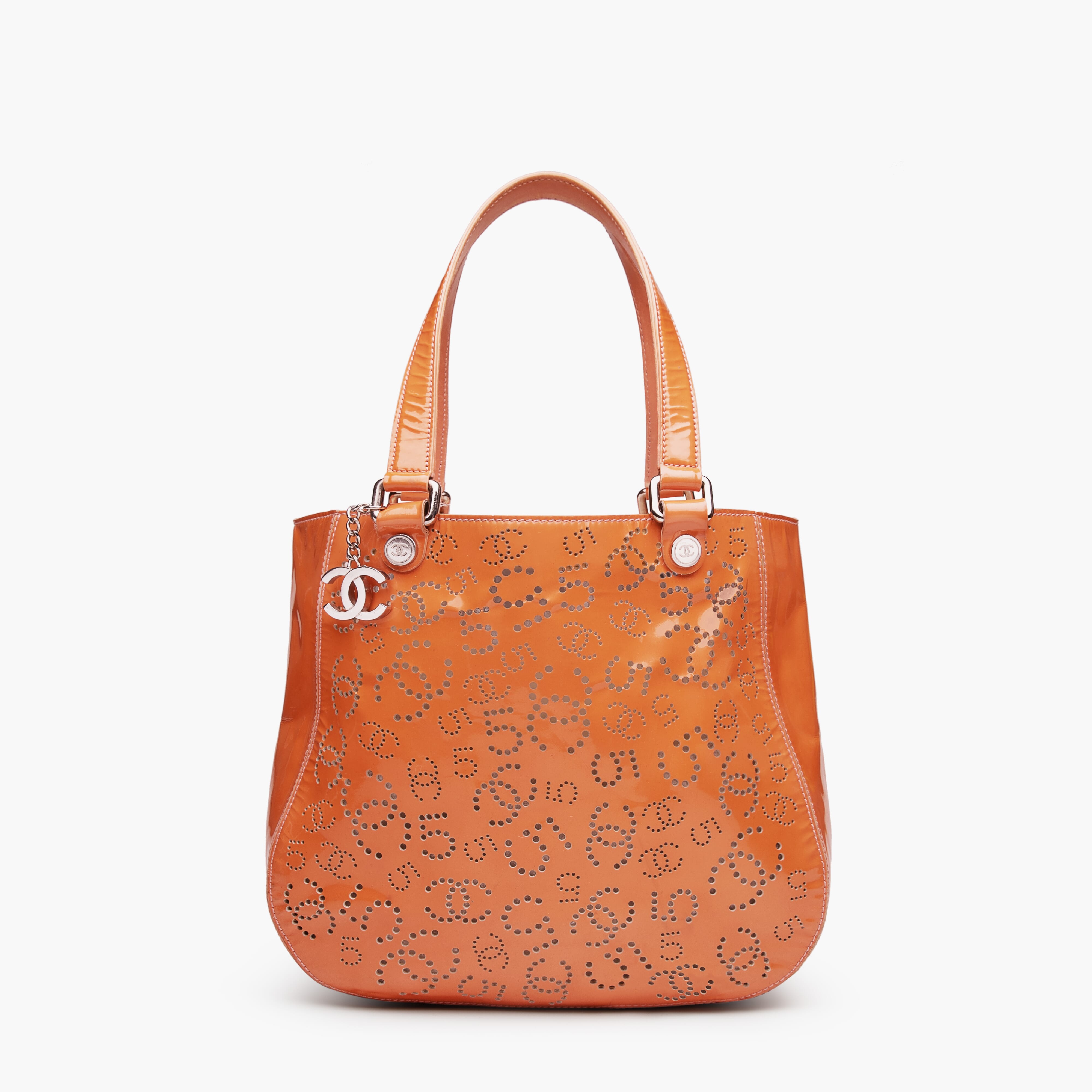 Chanel Orange Perforated CC Patent Tote Bag